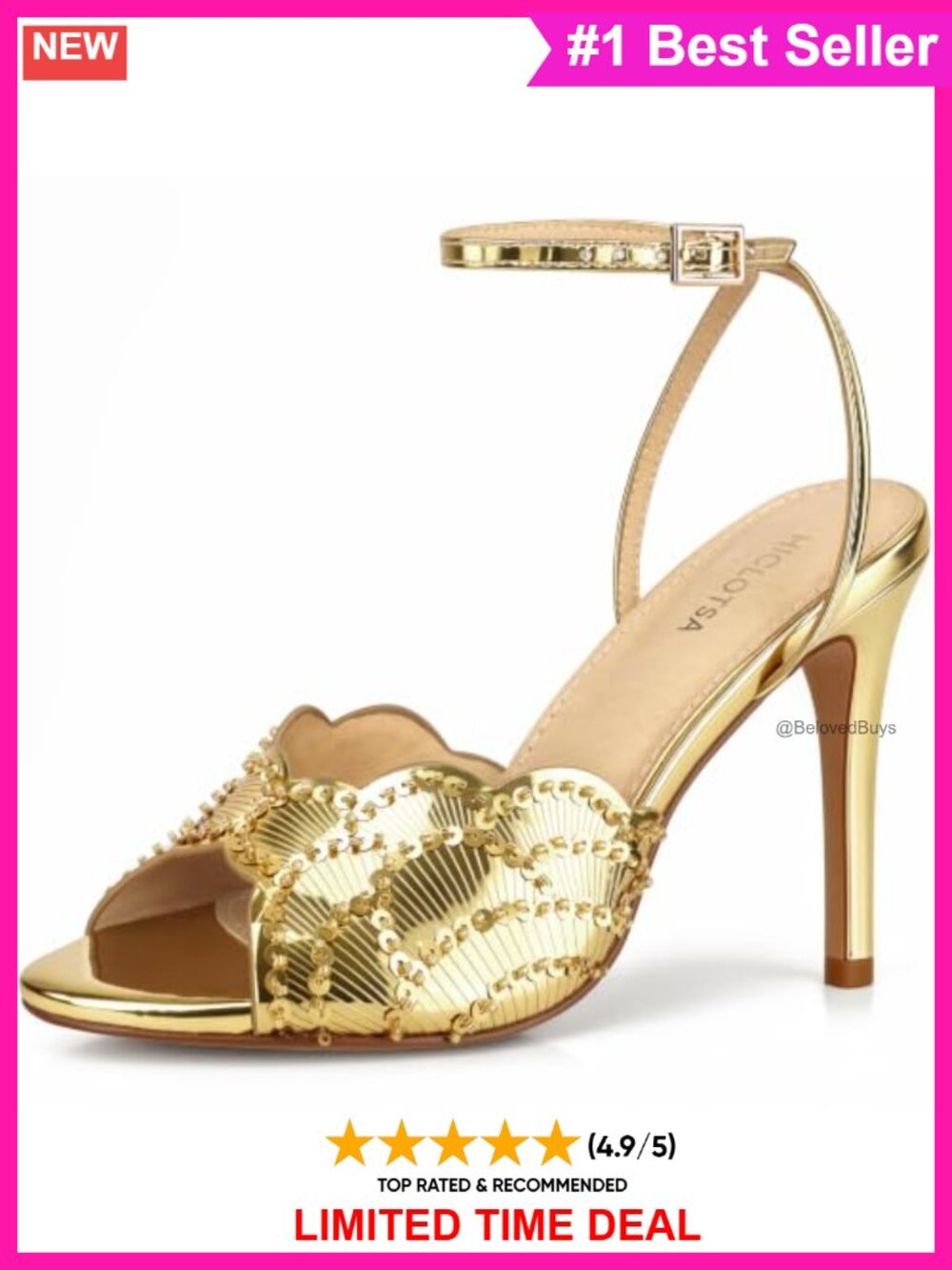 Scalloped Sequin Open Toe Stiletto Heeled Sandals Adjustable Ankle Strap